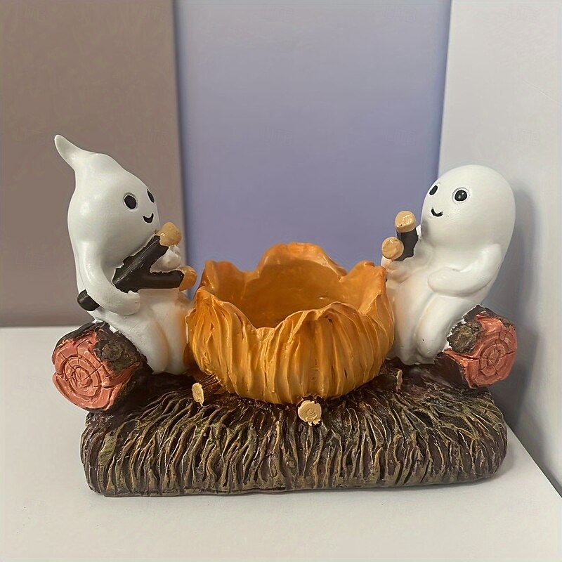 Cute Ghost Decoration Campfire Resin Succulent Planter - Halloween Decoration with Two Cute Cute Ghost Decorations - Resin Figurine for Home and Garden Decor