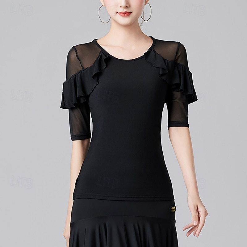 Latin Dance Top Ruffles Pure Color Splicing Women's Performance Training Half Sleeve High Polyester