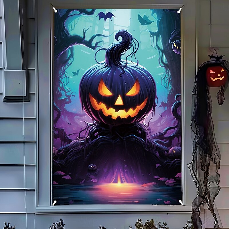 Halloween Window Cover Decorations, Fabric Purple Pumpkin Halloween Curtain Horror Movie Poster Window Door Covering Decor for Haunted House, Scary Halloween Window Clings Decals Indoor Outdoor3