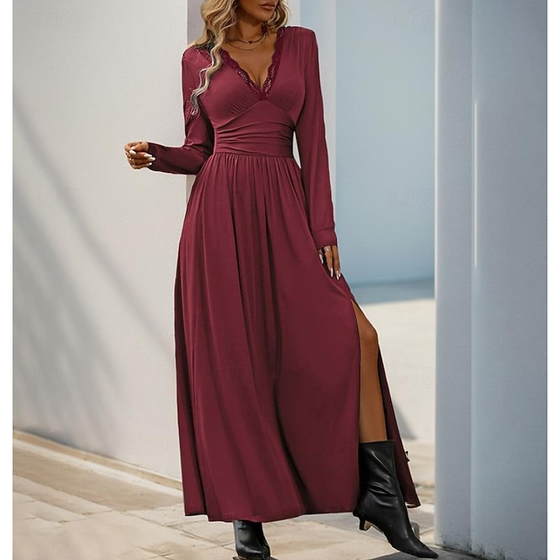 Women's Maxi Dress Black Dress Cocktail Dress Formal Dress Plain Dress Casual Street Date Loose Fit Plain Long Sleeve V Neck Black Red Blue Green Spring Fall4