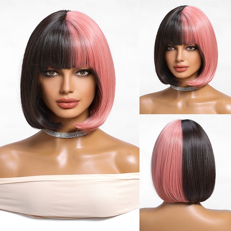 Synthetic Wig Uniforms Career Costumes Princess Straight kinky Straight Middle Part Layered Haircut Machine Made Wig 12 inch Black / Pink Synthetic Hair Women's Cosplay Party Fashion Black
