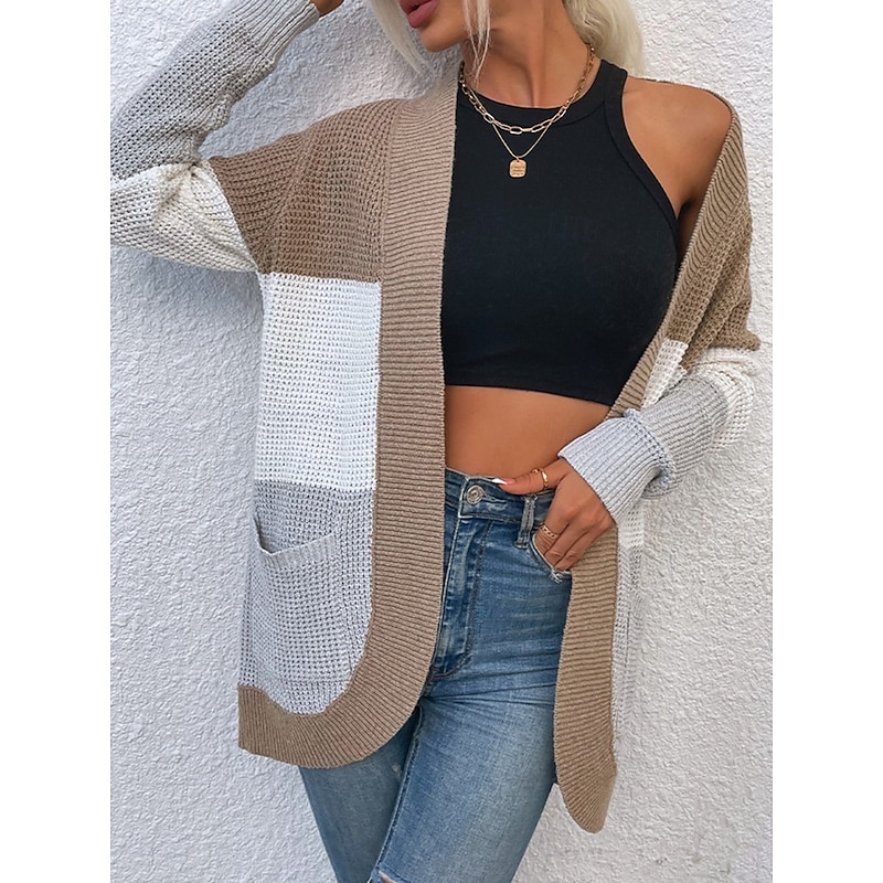 Women's Cardigan Casual Sweater Casual Soft Color Block V Neck Knitted Long Sleeve Regular Tops Knit Outdoor Daily Weekend Blue Brown Fall Winter4