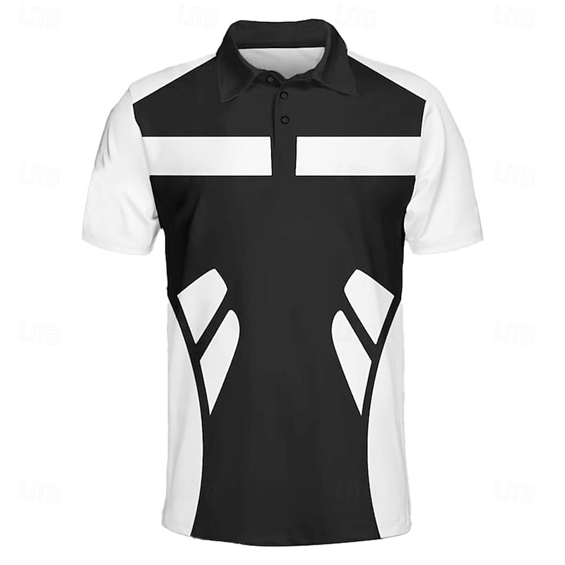 Men's Striped Sports Polo Shirts Golf Shirt Short Sleeve Polo Shirts Collared Shirts Sportswear Vacation Wear Buttons 3D Print Summer Black2