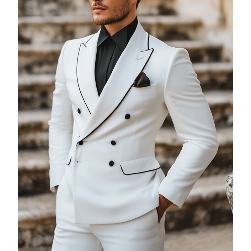 Men's Wedding Party Evening Wear Suits Peaked Lapel White Fashion Business Solid Colored Tailored Fit 2 Piece Double Breasted Six-buttons