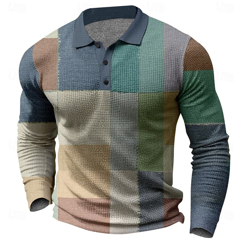 Men's Plaid Golf Shirt Long Sleeve Polo Shirts Collared Shirts Vintage Casual Vacation Wear Formal Wear Festival Wear Buttons 3D Print Spring Fall Winter Black Blue2