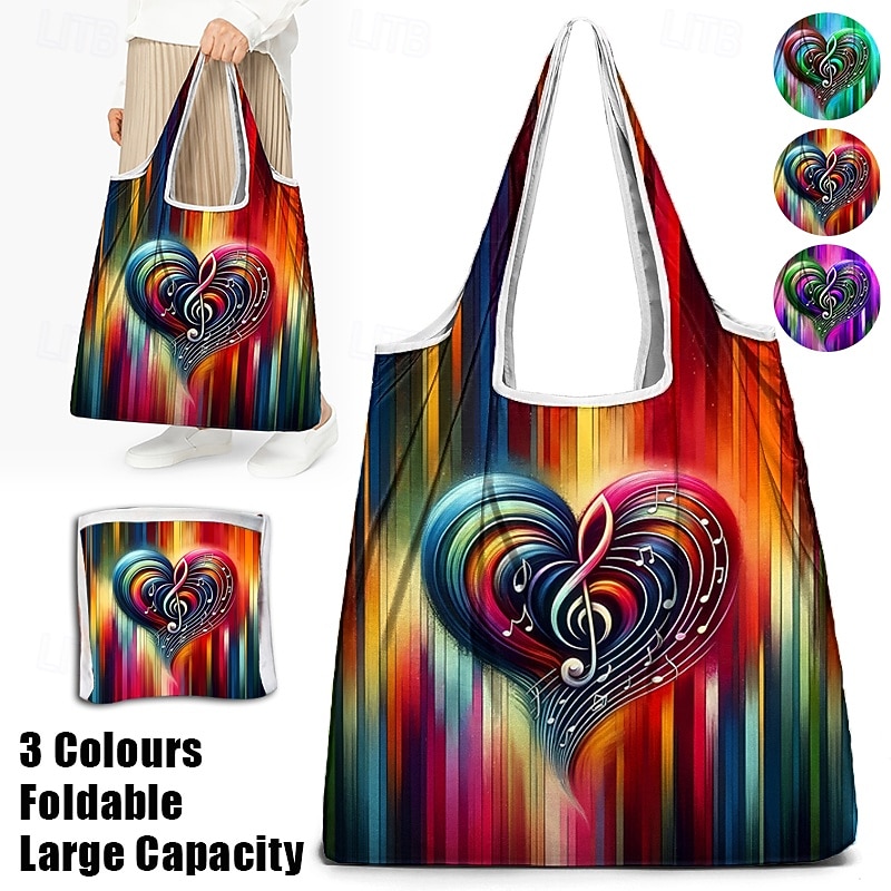 Colorful Music Note Print Foldable Tote Bag - Artistic and Eco-Friendly Reusable Bag for Shopping and Daily Use