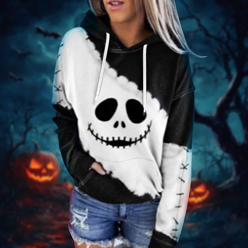 Jack Skellington Ugly Christmas Sweater / Sweatshirt Hoodie Pullover Anime 3D Front Pocket Graphic For Couple's Men's Women's Adults' Halloween Carnival Masquerade 3D Print Party Casual Daily