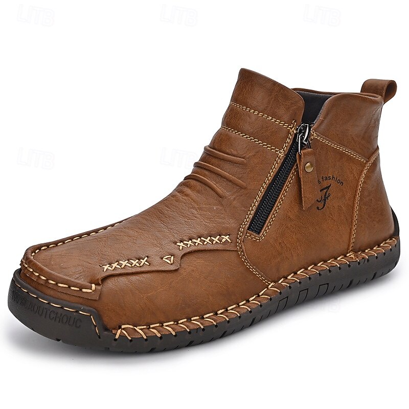 Men's Stylish Brown Faux Leather Zip-Up Ankle Boots – Rugged Outdoor Footwear with Handcrafted Detail2
