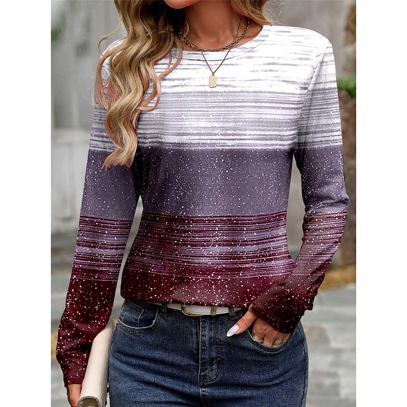 Women's T shirt Crew Neck Long Sleeve Tunic Casual Print Regular Tops Daily Purple Spring Fall