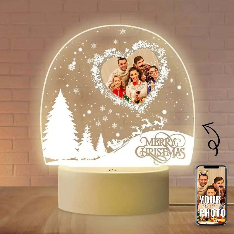 Custom Acrylic LED Christmas Night Light Personalized Xmas Tree & Snow Heart Design with Touch Switch USB Powered Perfect for Bedroom Reading & Holiday Decor for Family Lover Girlfriend