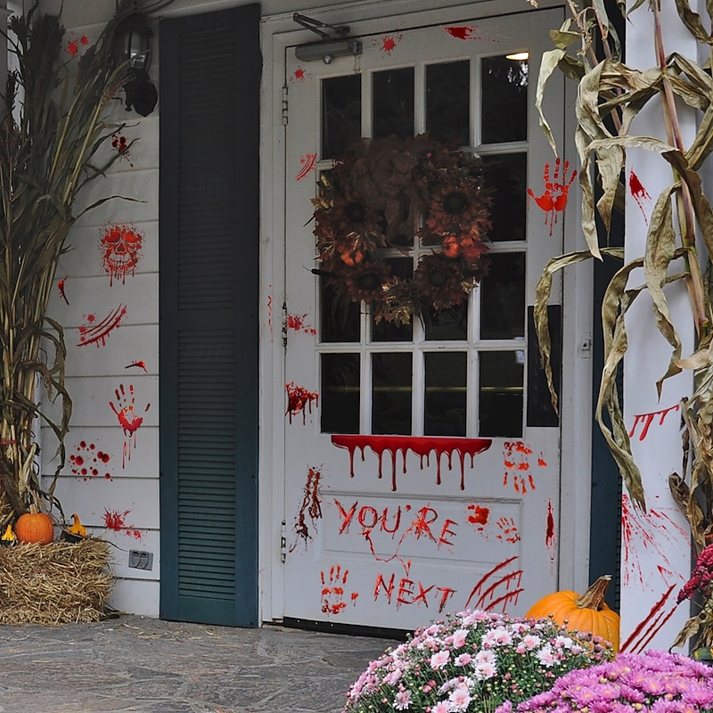 Halloween Stickers, Bloody Hand & Footprint Bloodstain Wall Decals for Living Room Background Decoration, Home Decor