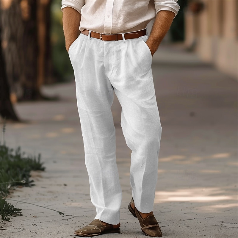 Men's Linen Pants Trousers Summer Pants Pleated Pants Dress Slacks Front Pocket Straight Leg Plain Comfort Breathable Full Length Casual Daily Holiday Fashion Basic Black White2
