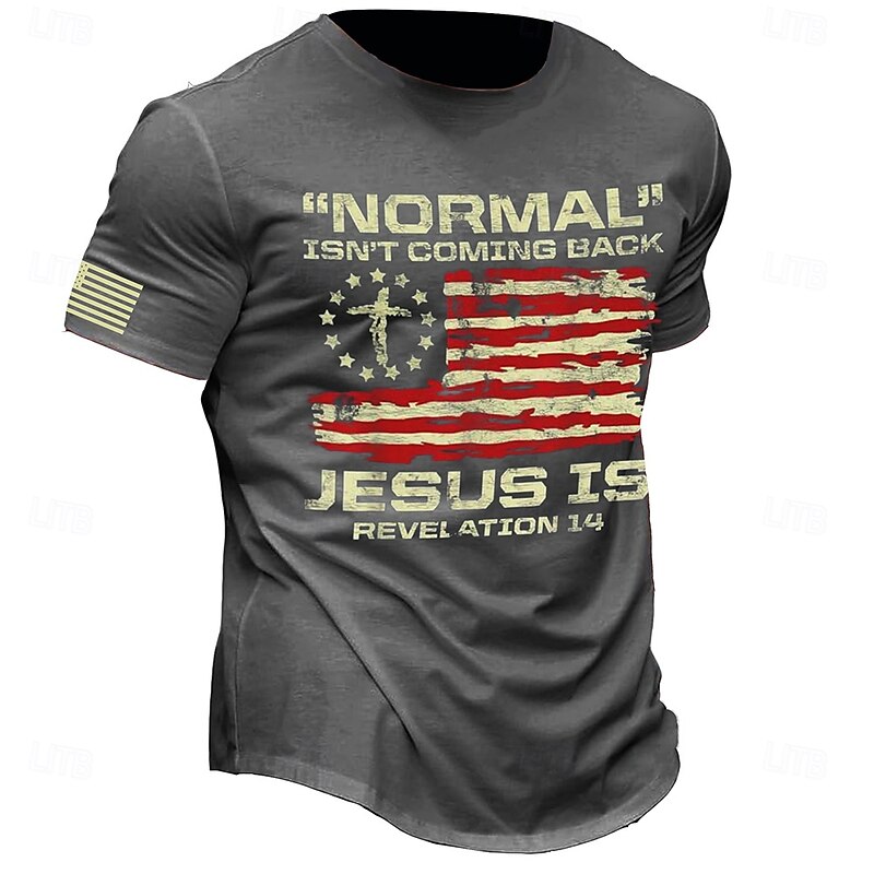 Veterans Day Men's Patriot Patriotic Veteran American US Flag Jesus Christian T shirt Short Sleeve T shirt 3D Print Crew Neck Shirt Retro Vintage Casual Street Casual Bar Blue Green Dark Gray Spring