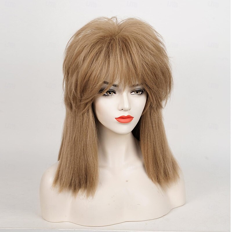 Brown Mullet Wigs for Women Tina Rock Diva Wig , 70s 80s Rocker Wig Shaggy Wig Punk Wig Cap for Carnival Costume Party Cosplay Halloween Wigs