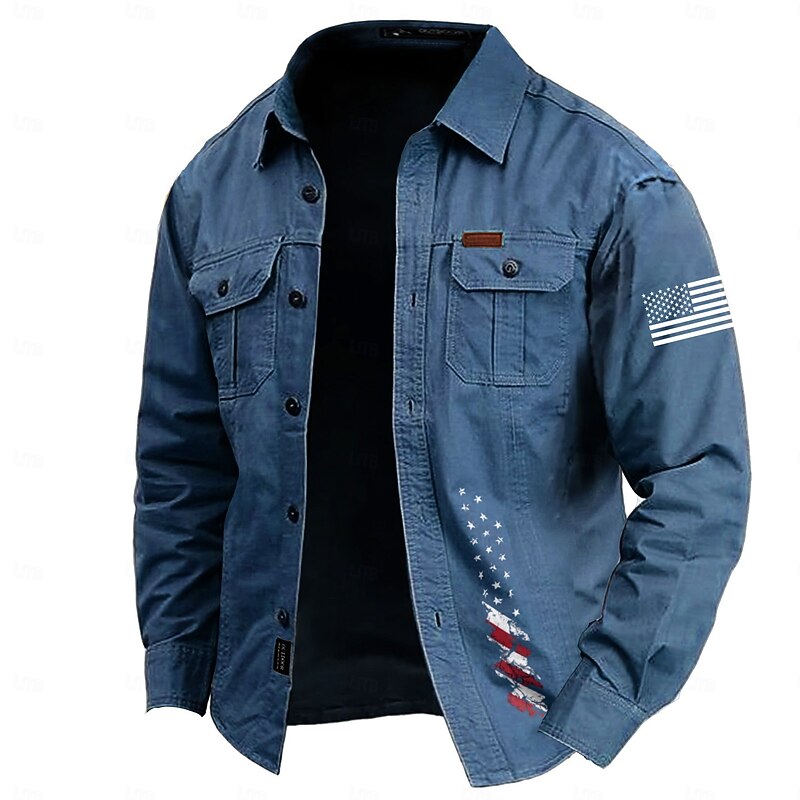 Men's American US Flag Work Shirt Western Shirt Cargo Shirt Long Sleeve Casual Tactical Sports & Outdoor Going out Winter Spring &  Fall Turndown Print Black Army Green Blue Khaki3