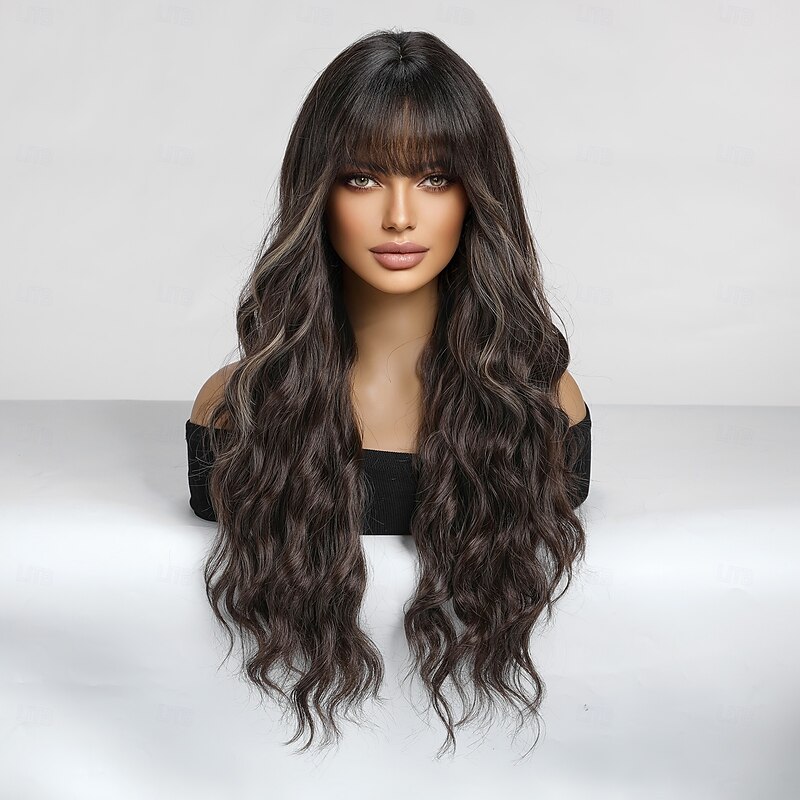 Synthetic Wig Curly Wavy Neat Bang With Bangs Wig 26 inch Dark Brown Synthetic Hair Women's Ombre Hair Comfy With Bangs Light Brown4