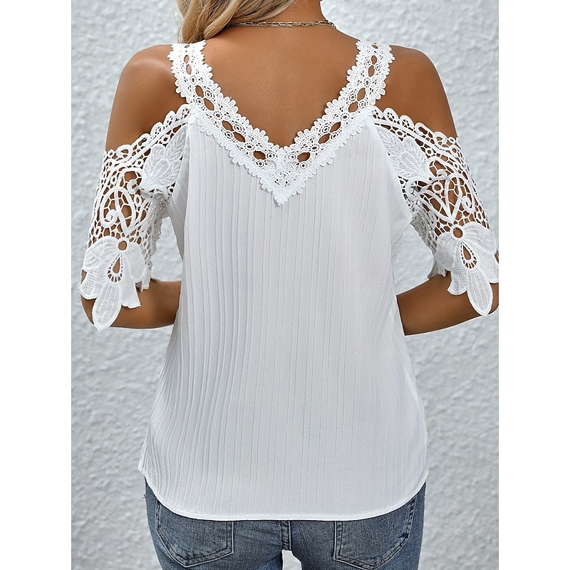 Women's Blouse Stylish Modern Solid Color Lace Short Sleeve Daily White Sky Blue Summer3
