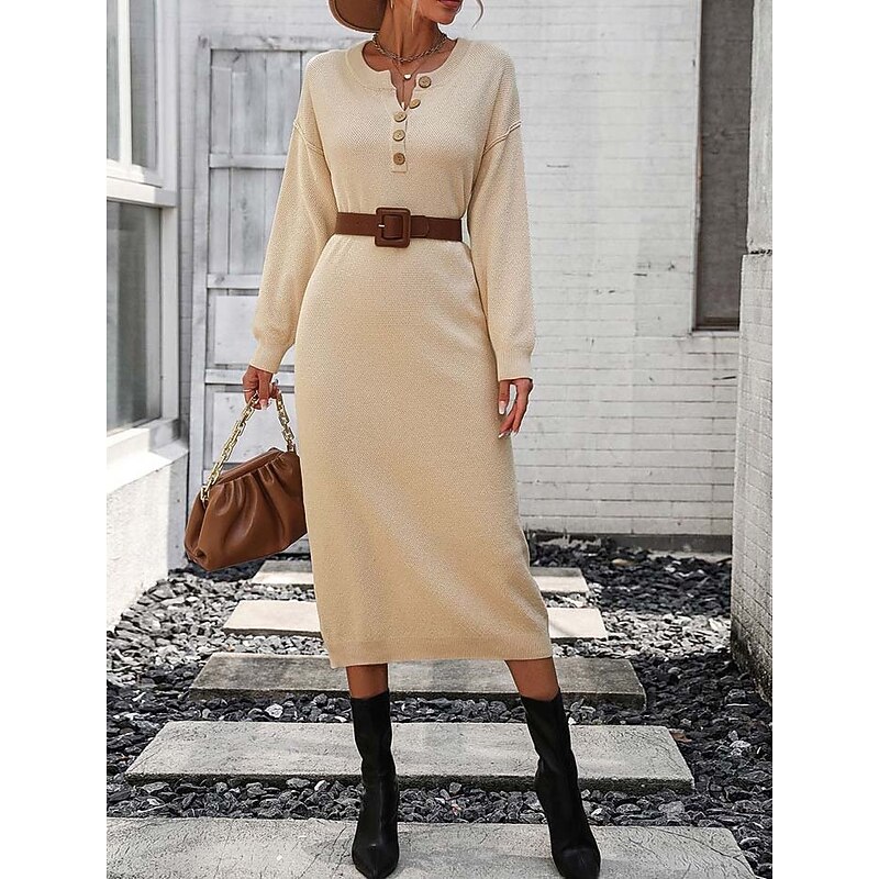 Women's Sweater Dress Elegant Fashion Casual Solid Color Crew Neck Knitted Long Sleeve Long Tops Knit Work Black Purple Fall Winter4