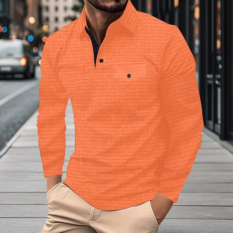 Men's Waffle Polo Shirts Golf Shirt Work Casual Lapel Long Sleeve Basic Modern Plain Texture Buttons Spring &  Fall Regular Fit Black White Navy Blue Dark Gray Orange Light Grey Waffle Polo Shirts