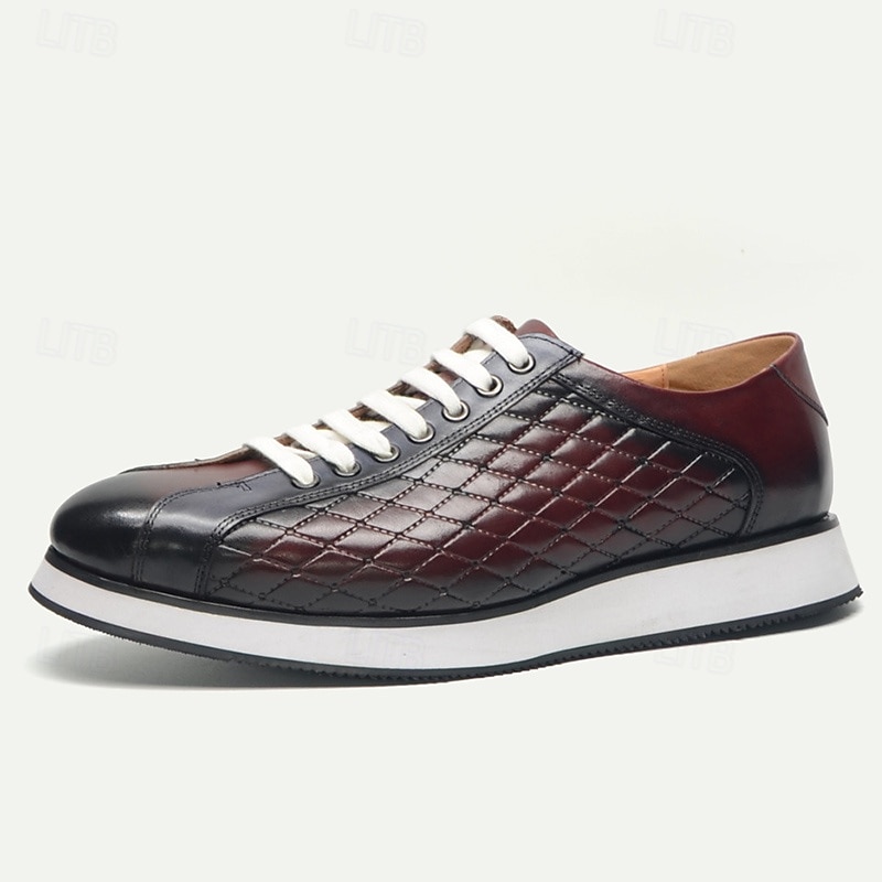Men's Quilted Cowhide Leather Lace-Up Sneakers with Red and Black Gradient Design - Stylish Casual Shoes for Everyday Wear3