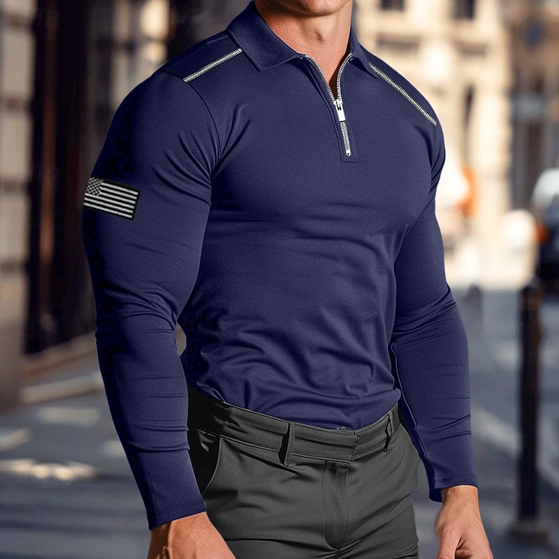 Men's Golf Shirt American Flag Polo Shirt Work Daily Wear Quarter Zip Long Sleeve Fashion Comfortable National Flag Embroidery Zip Up Spring &  Fall Regular Fit Black White Navy Blue Army Green Golf4