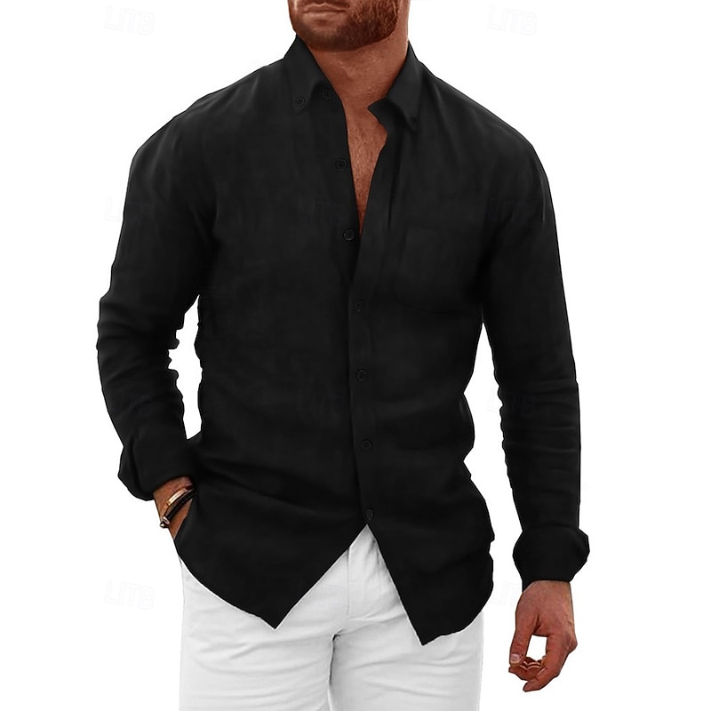 Men's Shirt Linen Shirt Summer Shirt Beach Wear Button Up Shirt Plain Vacation Casual Black White Blue Brown Long Sleeve Button Down Collar Spring & Summer Clothing Apparel4