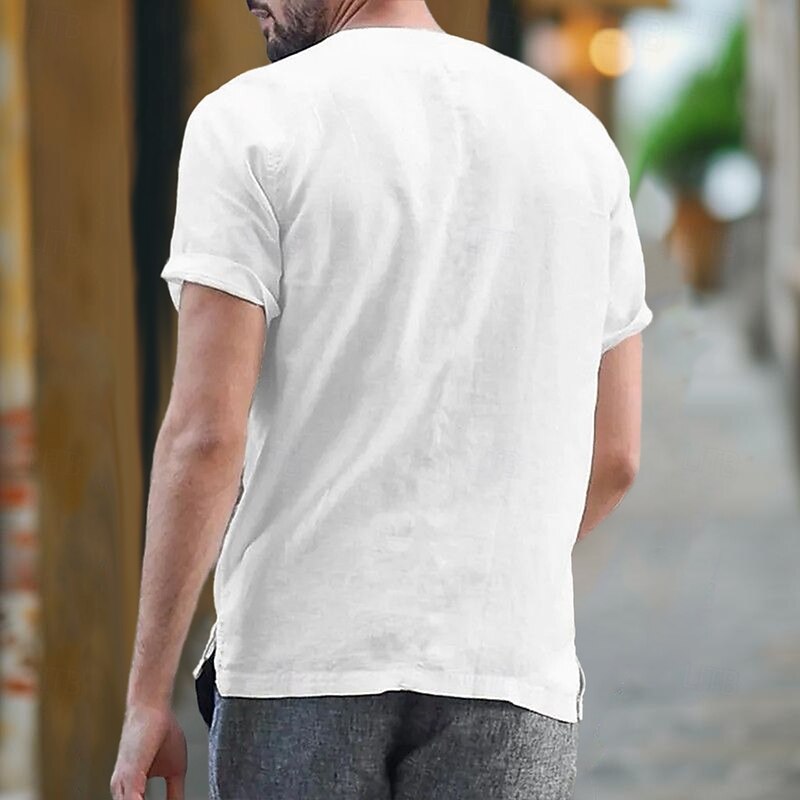 Men's Shirt Linen Shirt Summer Shirt Beach Wear Band Collar Shirt Button Up Shirt Plain Vacation Casual Black White Blue Khaki Short Sleeve Band Collar Summer Clothing Apparel Buttons2