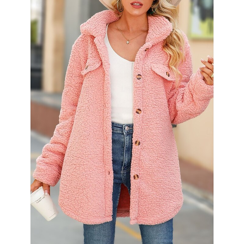 Women's Fleece Jacket Teddy Coat Warm Pocket Modern Plain Work Single Breasted Turndown Regular Fit Long Sleeve Outerwear Black White Pink Fall Winter