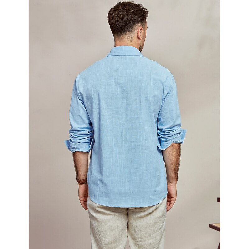 Men's Shirt Cotton Linen Shirt Summer Shirt Beach Wear Casual Shirt Button Up Shirt Plain Vacation Casual Black White Blue Long Sleeve Lapel Spring & Summer Clothing Apparel Pocket3
