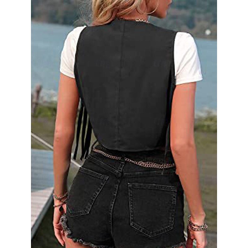 Women's Gilet Dailywear Irregular Hem Solid Color Windproof Vintage Regular Fit Outerwear Sleeveless Summer Black S4