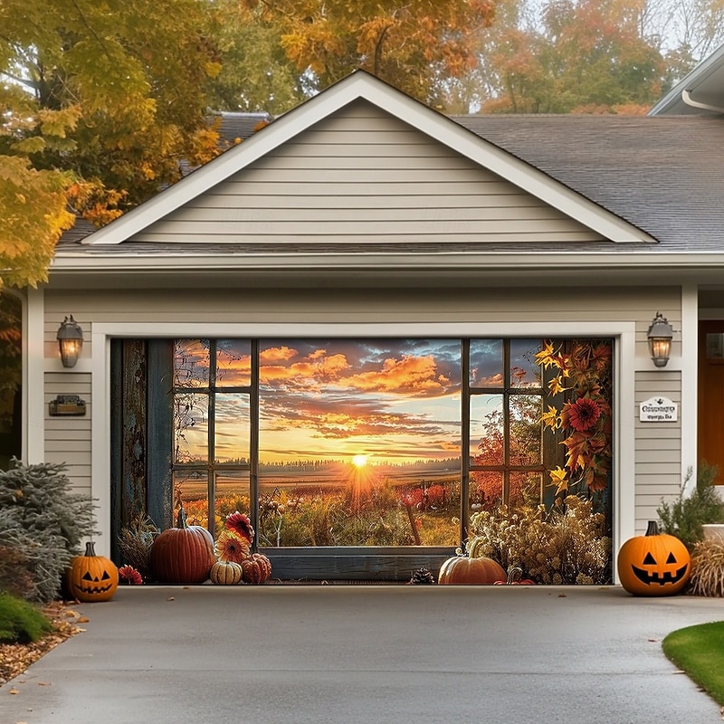 Halloween Door Decorations Outdoor  Garage Door Cover Pumpkin Field Banner Scary Forest Large Backdrop Decoration for Holiday Outdoor Garage Door Home Wall Decorations