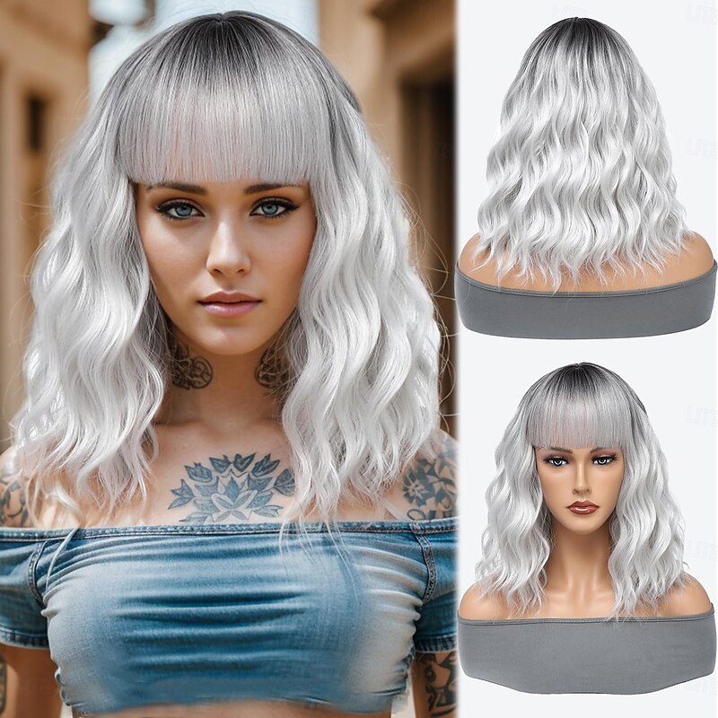 Short Bob Wig With Bangs for Women Bob Wig Loose Curly Synthetic Bob Wavy Wigs, Natural Looking Water Wave Bob Wig Shoulder Length Wigs