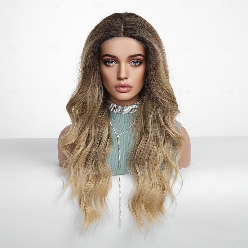 Synthetic Lace Wig Body Wave Style 26 inch Dark Brown Gold Blonde Ombre Middle Part U Part Wig Women's Wig Golden Brown With Blonde2