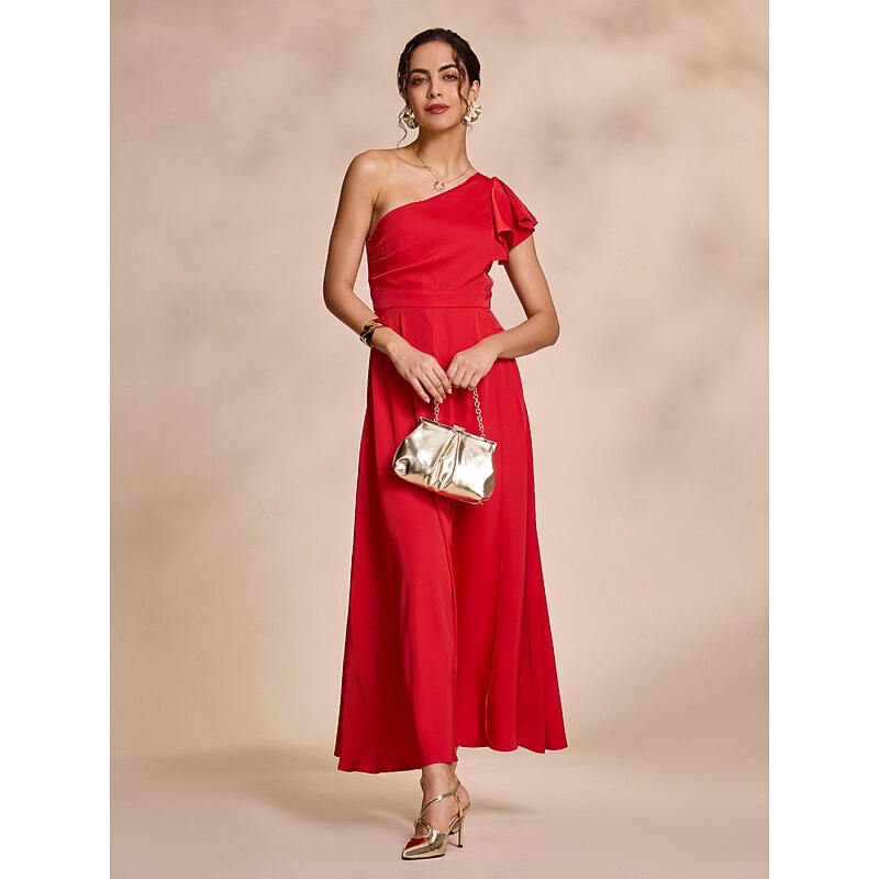 Red Satin Peplum Hem Solid Party/Wedding Guest Maxi Dress dress to impress 20244
