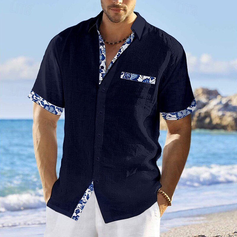 Men's Shirt Linen Shirt Summer Shirt Beach Wear Button Up Shirt Floral Vacation Curise White Pink Navy Blue Blue Short Sleeve Lapel Summer Clothing Apparel2