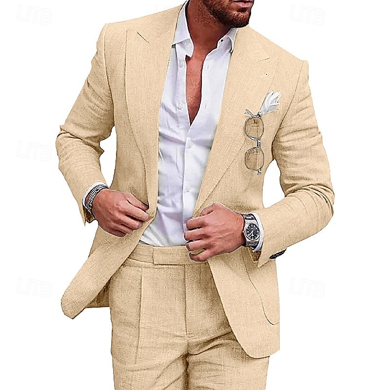 Men's Linen Suits Beach Wedding Summer Suits Solid Colored 2 Piece Tailored Fit One-Button Champagne Beige
