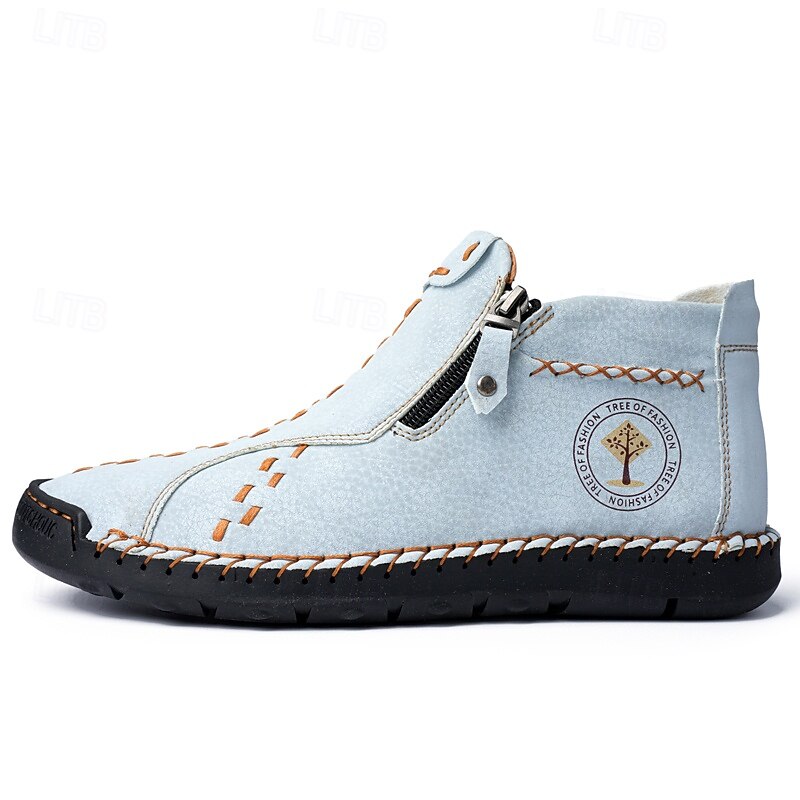 Men's Casual Light Blue Leather Loafers with Unique Hand-Stitched Details and Zip Closure, Ideal for Daily Wear3