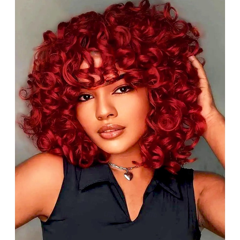Curly Wigs for Black Women Short Curly Wig with Bangs Big Loose Cute Kinky Curly Hair Synthetic Soft Wigs for Daily Party Cosplay