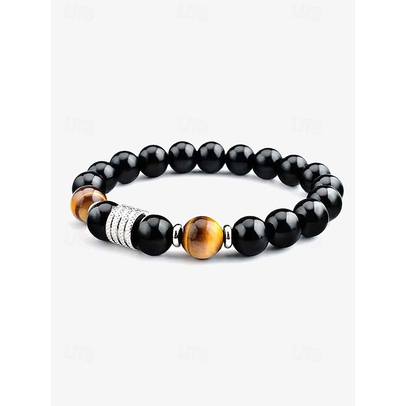 Men's Natural Stone and Stainless Steel Beaded Bracelet - Tiger Eye and Black Onyx - Stylish and Durable Accessory4