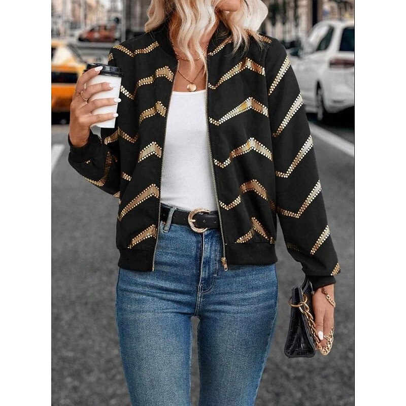 Women's Jacket Dailywear Zipper Geometric Windproof Vintage Regular Fit Outerwear Long Sleeve Spring Black S