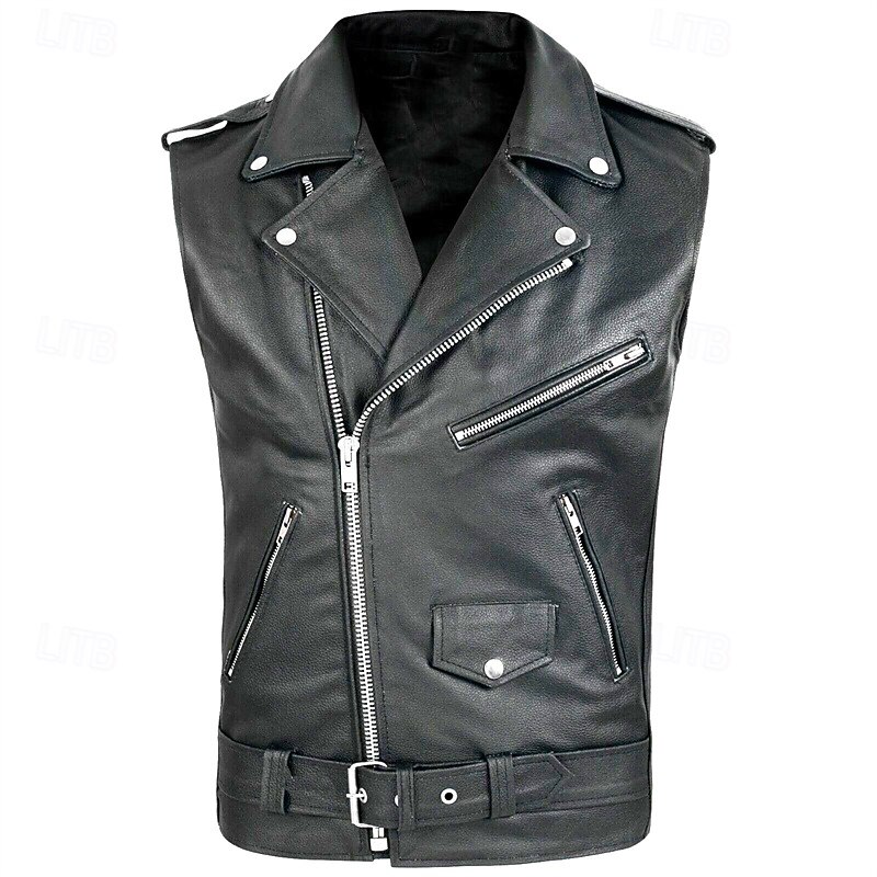 Men's Vest Gilet Leather Vest Daily Date Vacation Fashion Casual Spring &  Fall Pocket PU Leather Comfortable Plain Zipper Lapel Regular Fit Black Vest2