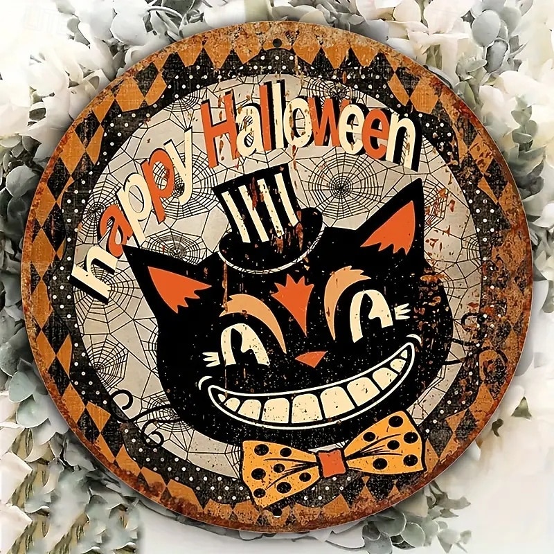 1pc Happy Halloween Quirky Black Cat Wreath Sign Round Decor For Home, Kitchen, Garden & Office2