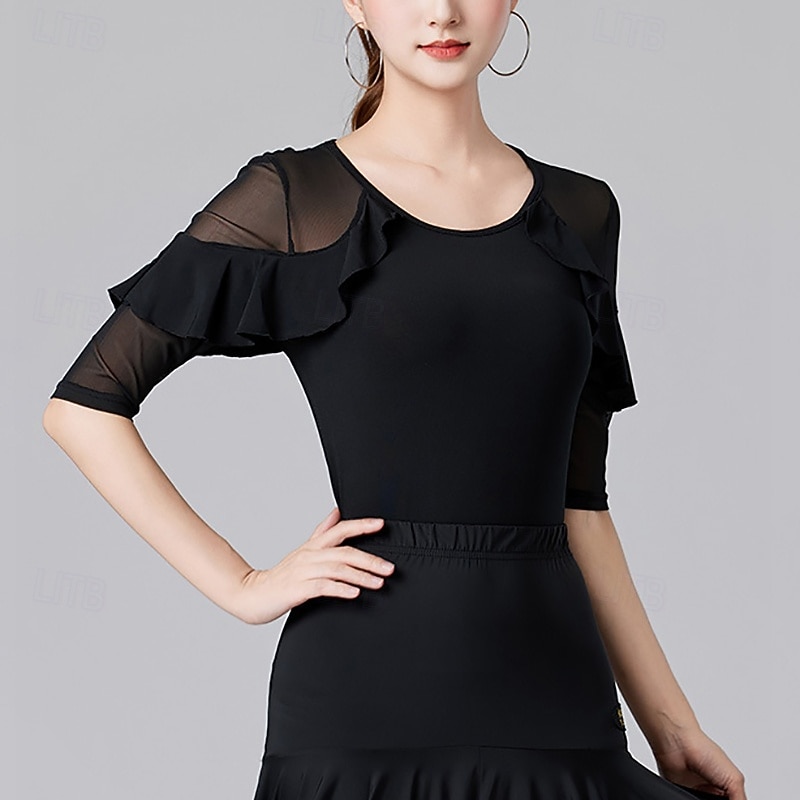 Latin Dance Top Ruffles Pure Color Splicing Women's Performance Training Half Sleeve High Polyester2