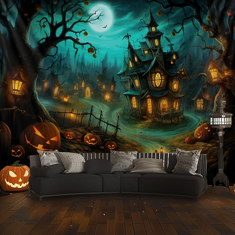 Halloween Decorations Hanging Tapestry Pumpkin Dwarf House Wall Art Large Tapestry Mural Decor Photograph Backdrop Blanket Curtain Home Bedroom Living Room Decoration