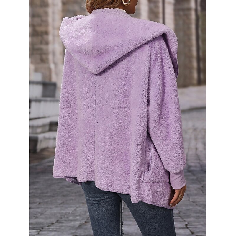 Women's Fleece Jacket Teddy Coat Hoodie Jacket Warm Breathable Pocket Fleece Lined Casual Plain Vacation Street Daily Wear Going out Open Front Hoodie Regular Fit Long Sleeve Outerwear Black Purple2