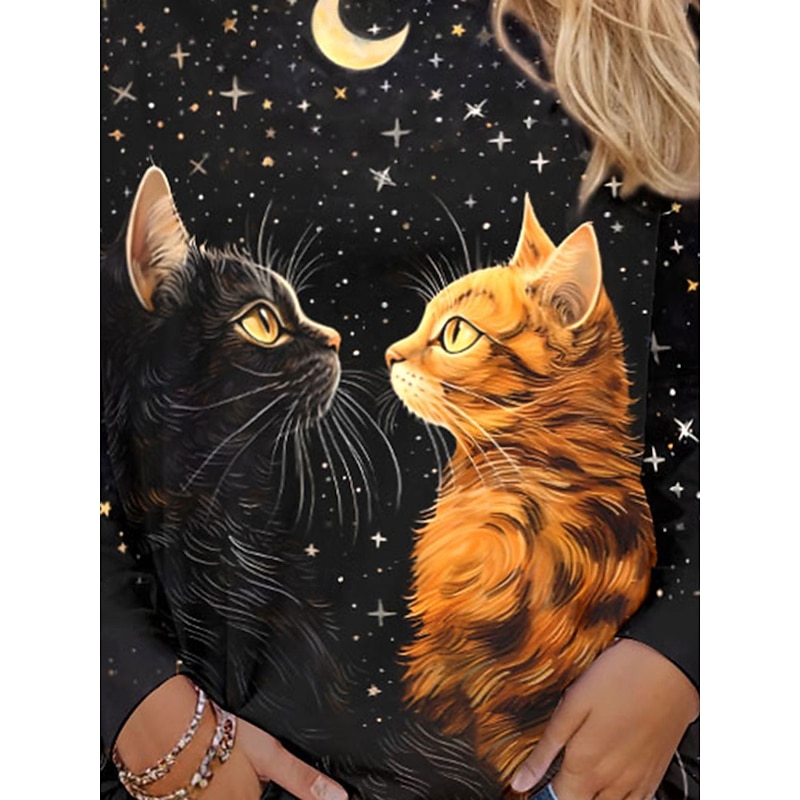 Halloween Women's T shirt Black Cat Long Sleeve Crew Neck Long Sleeve Tunic Cat Casual Regular Tops Daily Print Black Spring Fall Prefall3