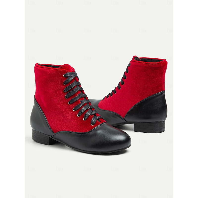 Women's Victorian Red and Black Lace-Up Ankle Boots with Suede and Leather Contrast - Vintage-Inspired Flat Heel Shoes for Cosplay and Formal Events4