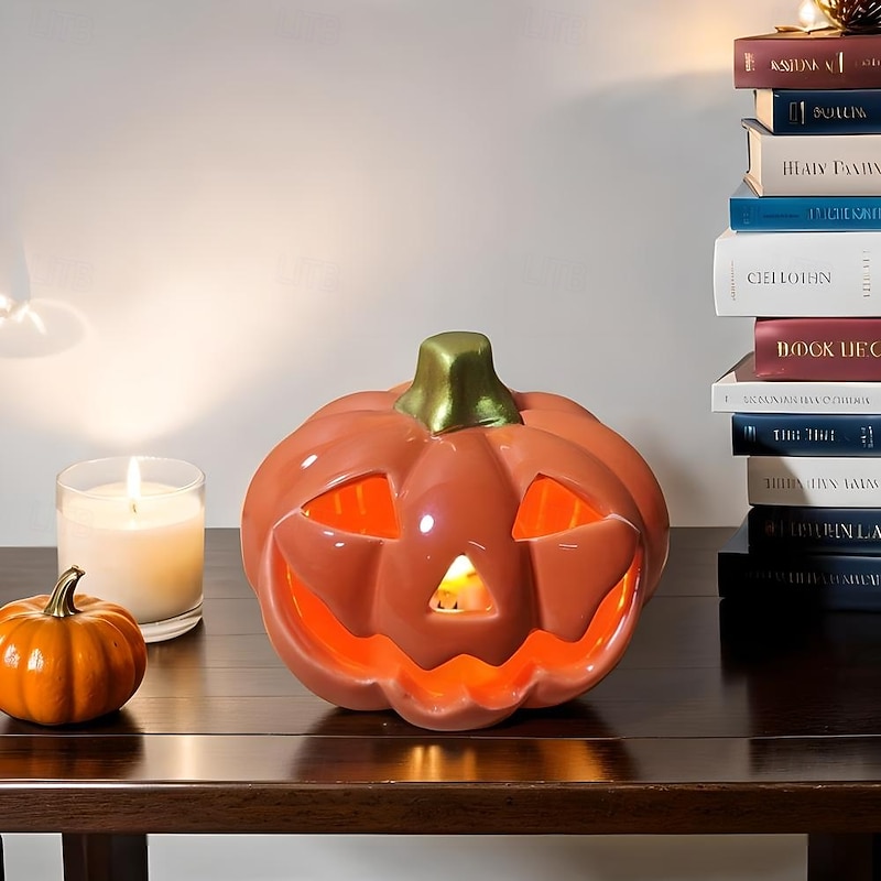 Halloween Ceramic Pumpkin Lantern - Nordic Creative Skull Head Light-Up Table Decor for Halloween Scene Setup and Festive Decorations3