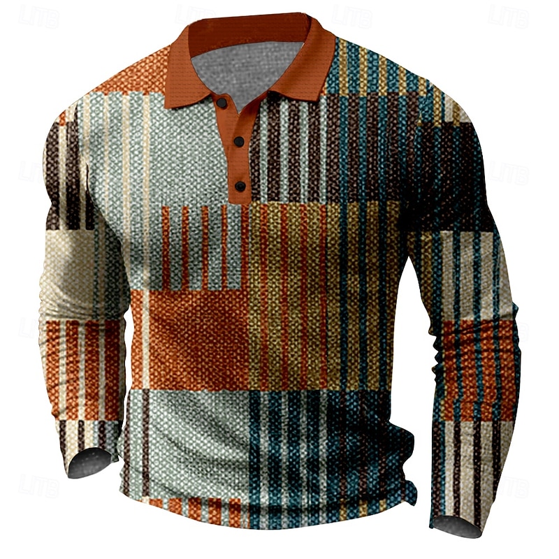 Men's Plaid Golf Shirt Long Sleeve Polo Shirts Collared Shirts Vintage Casual Vacation Wear Formal Wear Festival Wear Buttons 3D Print Spring Fall Winter Brown