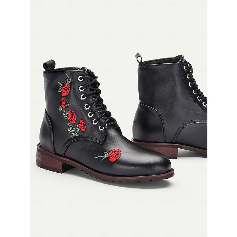Women's Rose Embroidered Black Ankle Boots - Fashionable and Comfortable Footwear for Everyday Wear, Parties, and Outdoor Activities4